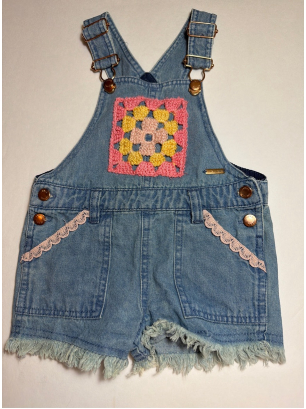 Girls Tahari Blue Denim Overalls Shorts with Crochet Granny Square Detail 2T